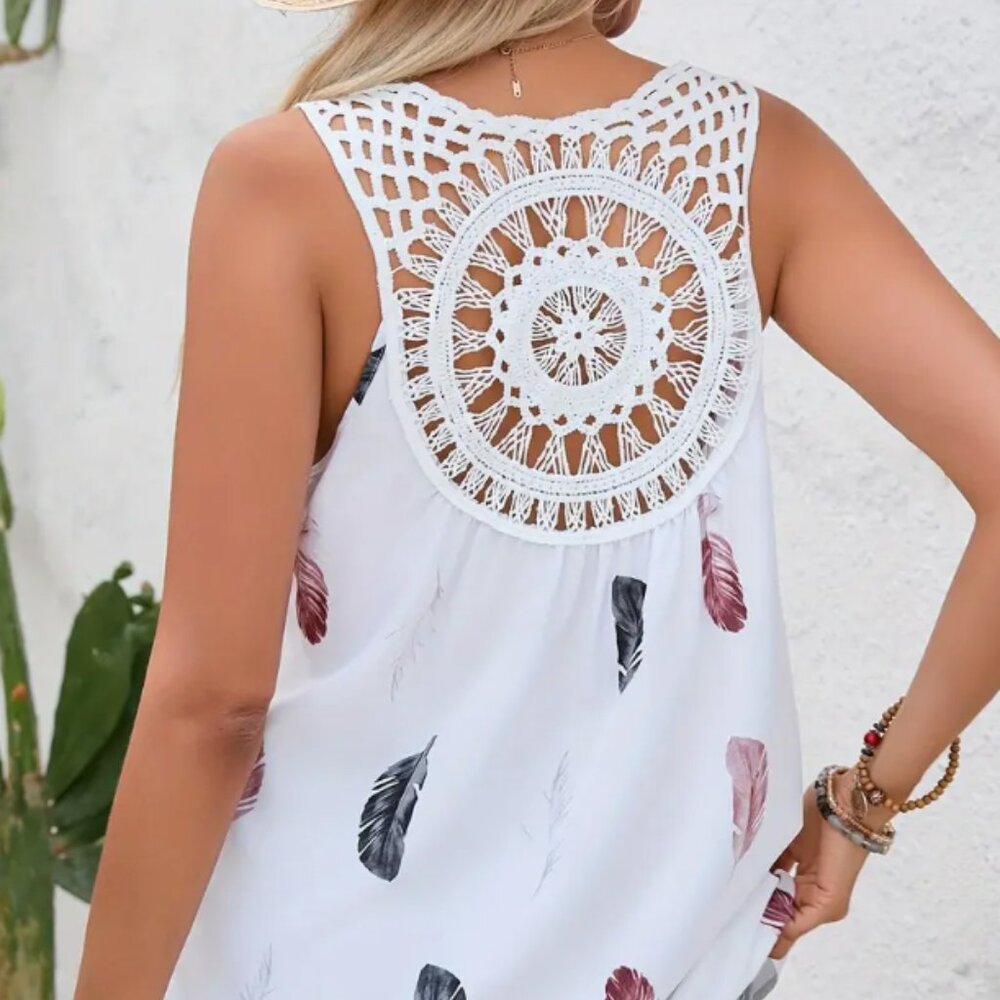 Feather Print Cutout Back Tank Top, Casual Sleeveless V Neck 2XL